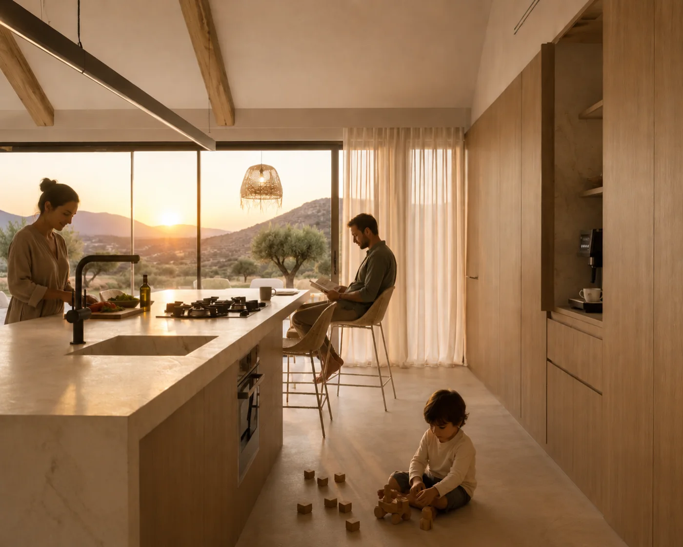 Gezinsleven in de open keuken van Alma del Monte bij zonsondergang