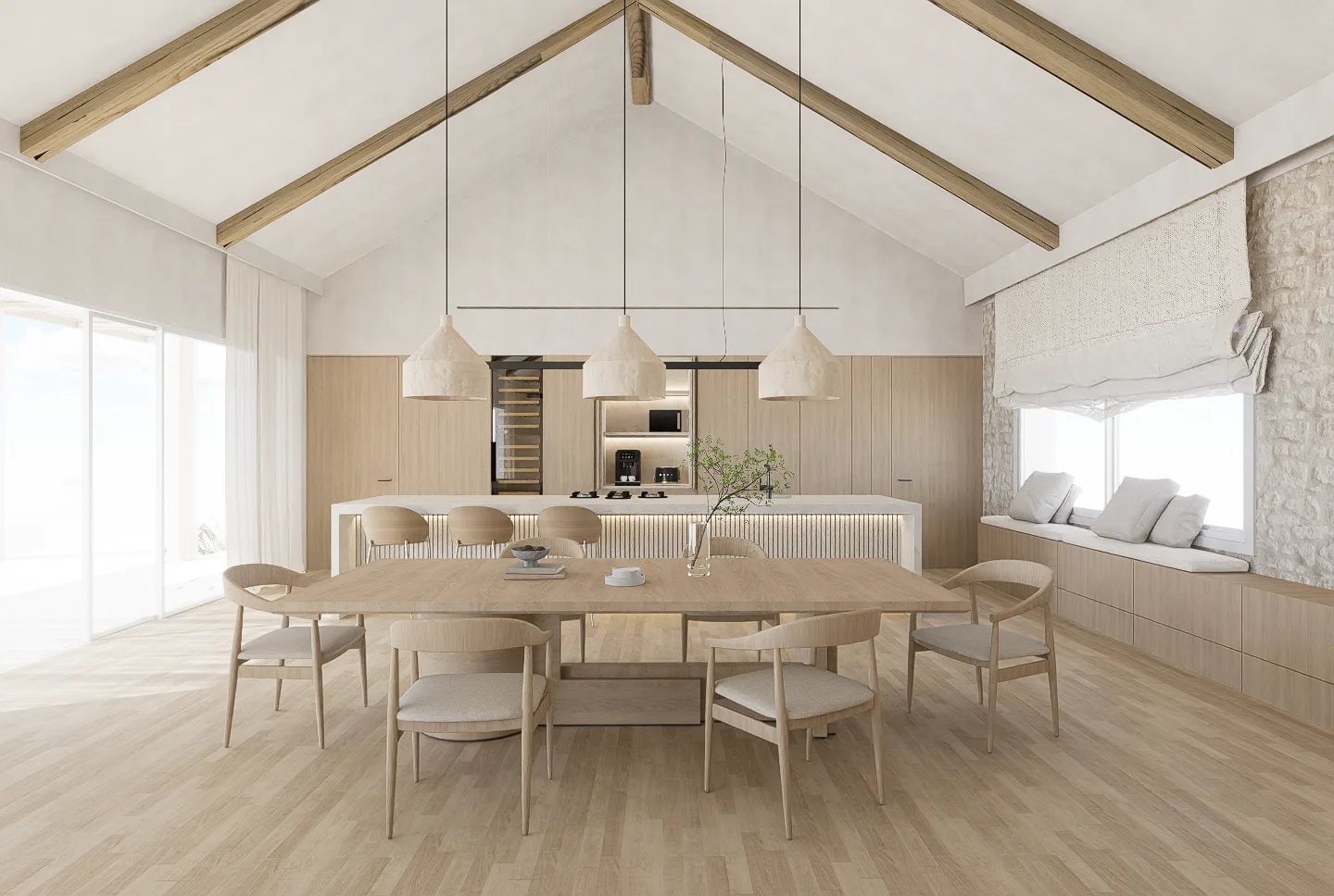 Open leefruimte met keuken en eethoek